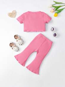 SHEIN Đứa bé gái Thêu Chữ Ren Mộc nhĩ Nút viền Áo thun & Quần ống loe - Hồng - Xem 2