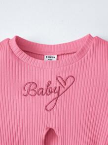 SHEIN Đứa bé gái Thêu Chữ Ren Mộc nhĩ Nút viền Áo thun & Quần ống loe - Hồng - Xem 3