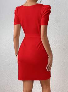 SHEIN Privé Notched Neckline Puff Sleeve Belted Bodycon Dress - Red - View 2