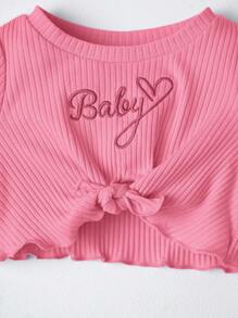 SHEIN Đứa bé gái Thêu Chữ Ren Mộc nhĩ Nút viền Áo thun & Quần ống loe - Hồng - Xem 5