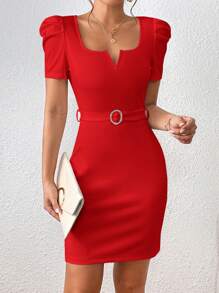 SHEIN Privé Notched Neckline Puff Sleeve Belted Bodycon Dress - Red - View 3