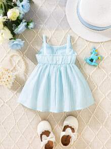 Souflis Souflis 女婴童條紋印花前蝴蝶結吊帶連衣裙 - 薄荷綠 - 查看 3