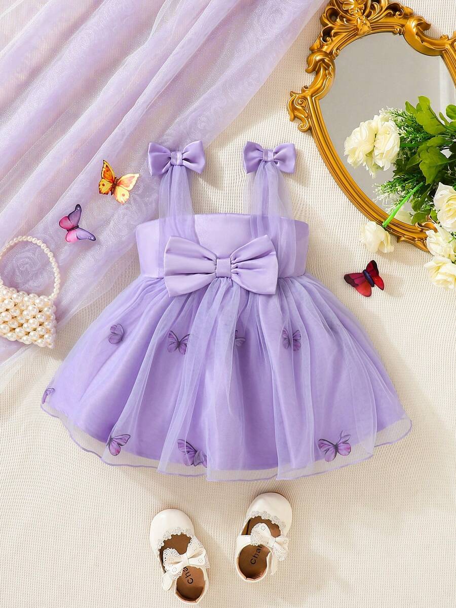 SHEIN Baby Girl Bow Front Butterfly Print Mesh Overlay Cami Dress - Lilac Purple - View 1
