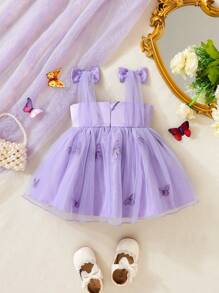 SHEIN Baby Girl Bow Front Butterfly Print Mesh Overlay Cami Dress - Lilac Purple - View 2