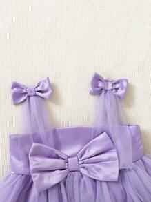 SHEIN Baby Girl Bow Front Butterfly Print Mesh Overlay Cami Dress - Lilac Purple - View 4