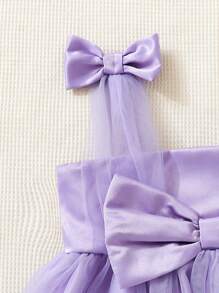 SHEIN Baby Girl Bow Front Butterfly Print Mesh Overlay Cami Dress - Lilac Purple - View 5
