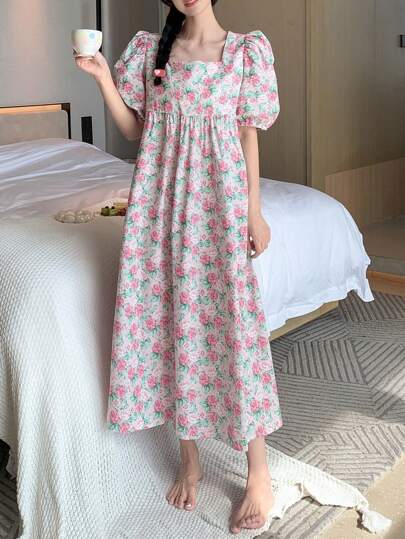 DAZY Abiti loungewear floreale all over collo quadrato con manica a sbuffo