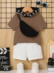 SHEIN Baby Boy Letter Graphic Hooded Tee & Shorts With Bag - Coffee Brown - View 1