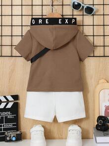 SHEIN Baby Boy Letter Graphic Hooded Tee & Shorts With Bag - Coffee Brown - View 2