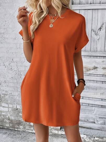 INAWLY Vestido estilo camiseta unicolor de manga murciélago con bolsillo oculto