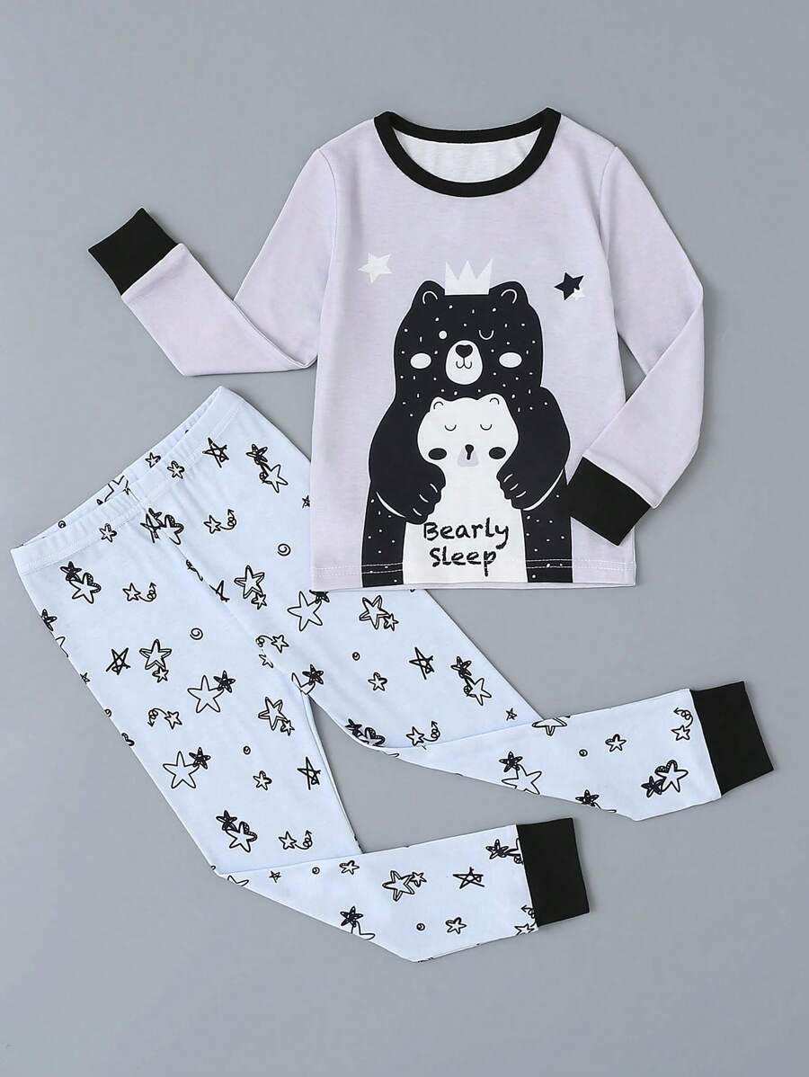 Young Boy Cartoon Graphic Contrast Trim Snug Fit PJ Set - Light Grey - View 1