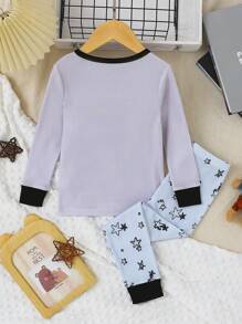 Young Boy Cartoon Graphic Contrast Trim Snug Fit PJ Set - Light Grey - View 2
