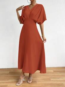 Chiquease 素色蝙蝠袖A字連衣裙 - 鏽棕色 - 查看 4
