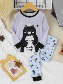 Young Boy Cartoon Graphic Contrast Trim Snug Fit PJ Set - Light Grey - View 3