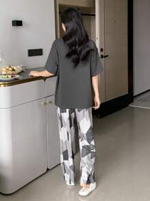 DAZY 字母图案落肩T恤和裤子休闲套装睡衣