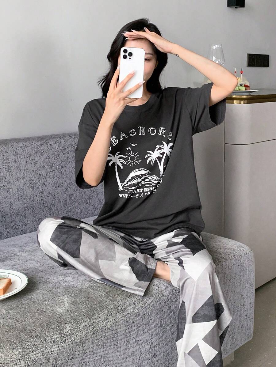 DAZY 字母图案落肩T恤和裤子休闲套装睡衣