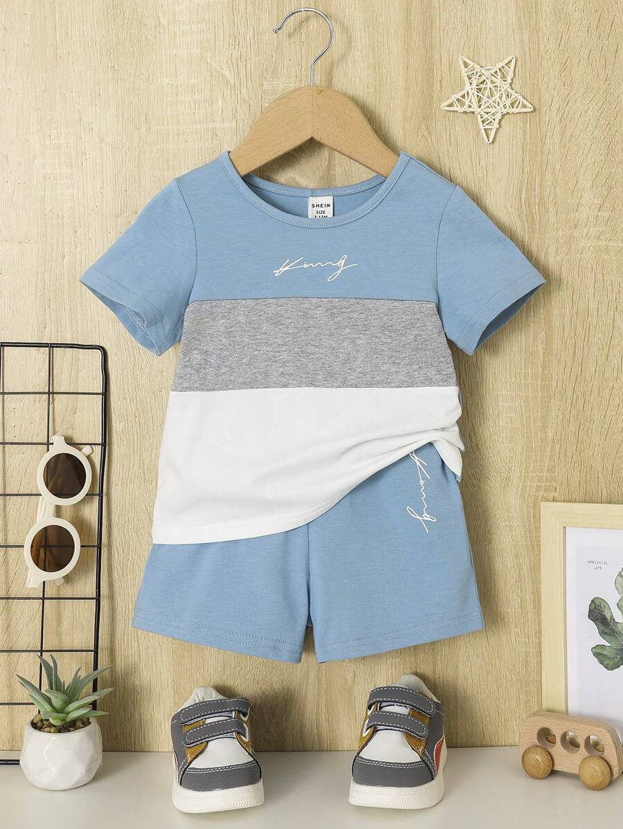 SHEIN Bebé niño Shorts con camiseta con estampado de letra de color combinado - Azul - Ver 1