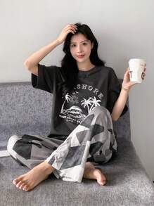 DAZY 字母图案落肩T恤和裤子休闲套装睡衣