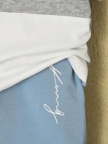 SHEIN Bebé niño Shorts con camiseta con estampado de letra de color combinado - Azul - Ver 3