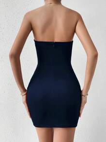 Zolique Solid Tube Bodycon Dress Mini Short Women Outfit - Navy Blue - View 2