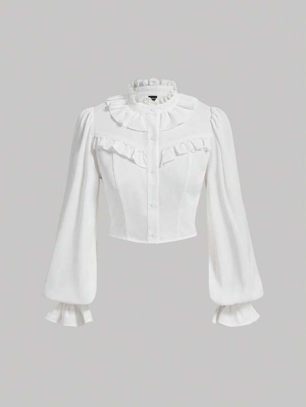 SHEIN MOD Bluză crop cu mâneci cu volan, topuri cu mâneci lungi