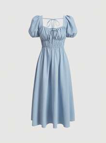 SHEIN MOD Cổ Trái tim Ống tay áo Nếp gấp Phần Ngực Đầm - Màu xanh nhạt - Xem 1