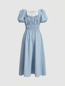 SHEIN MOD Cổ Trái tim Ống tay áo Nếp gấp Phần Ngực Đầm - Màu xanh nhạt - Xem 2