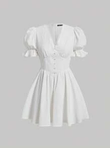 SHEIN MOD 素色前紐扣荷葉袖洋裝 - 白色 - 查看 1