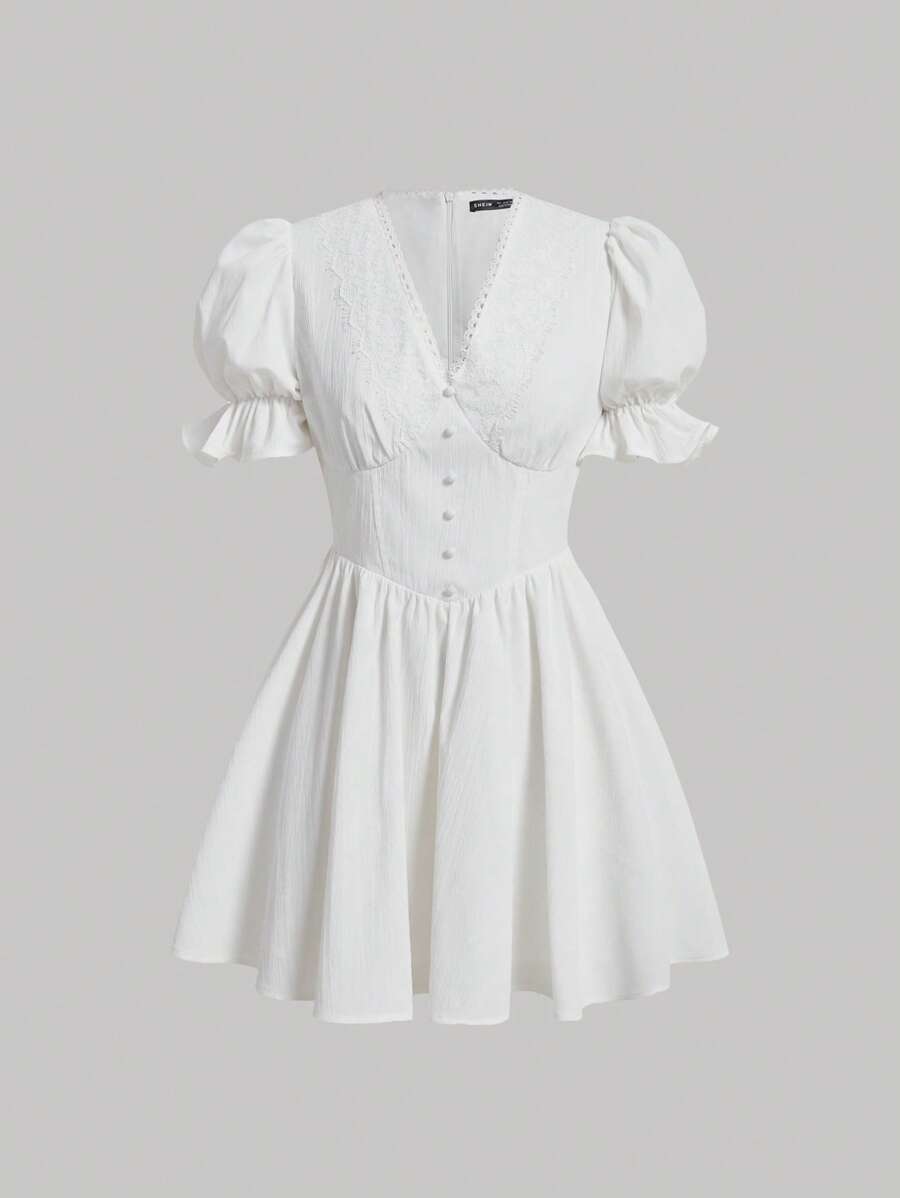 SHEIN MOD 素色前紐扣荷葉袖洋裝 - 白色 - 查看 1