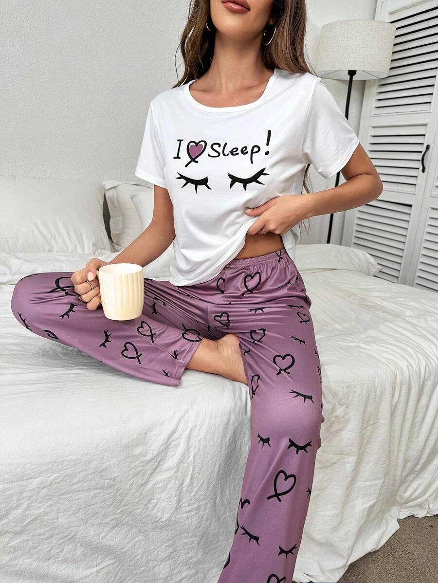 Eyelash & Heart Print PJ Set / Pajama Set - Multicolor - View 1