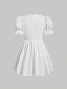 SHEIN MOD 素色前紐扣荷葉袖洋裝 - 白色 - 查看 2