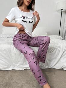 Eyelash & Heart Print PJ Set / Pajama Set - Multicolor - View 4