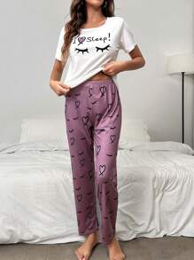 Eyelash & Heart Print PJ Set / Pajama Set - Multicolor - View 5