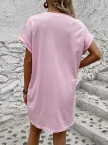 INAWLY Solid Batwing Sleeve Tee Dress - Pink - View 2