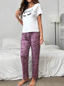 Eyelash & Heart Print PJ Set / Pajama Set - Multicolor - View 6
