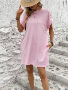 INAWLY Solid Batwing Sleeve Tee Dress - Pink - View 3