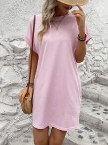 INAWLY Solid Batwing Sleeve Tee Dress - Pink - View 4