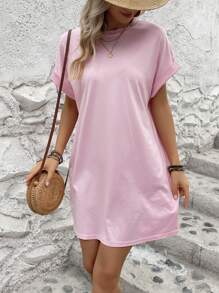 INAWLY Solid Batwing Sleeve Tee Dress - Pink - View 5