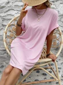 INAWLY Solid Batwing Sleeve Tee Dress - Pink - View 6