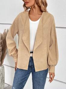 SHEIN VCAY 大翻領開門襟落肩袖外套 - 卡其色 - 查看 3