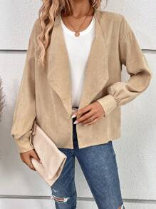 SHEIN VCAY 大翻領開門襟落肩袖外套 - 卡其色 - 查看 1