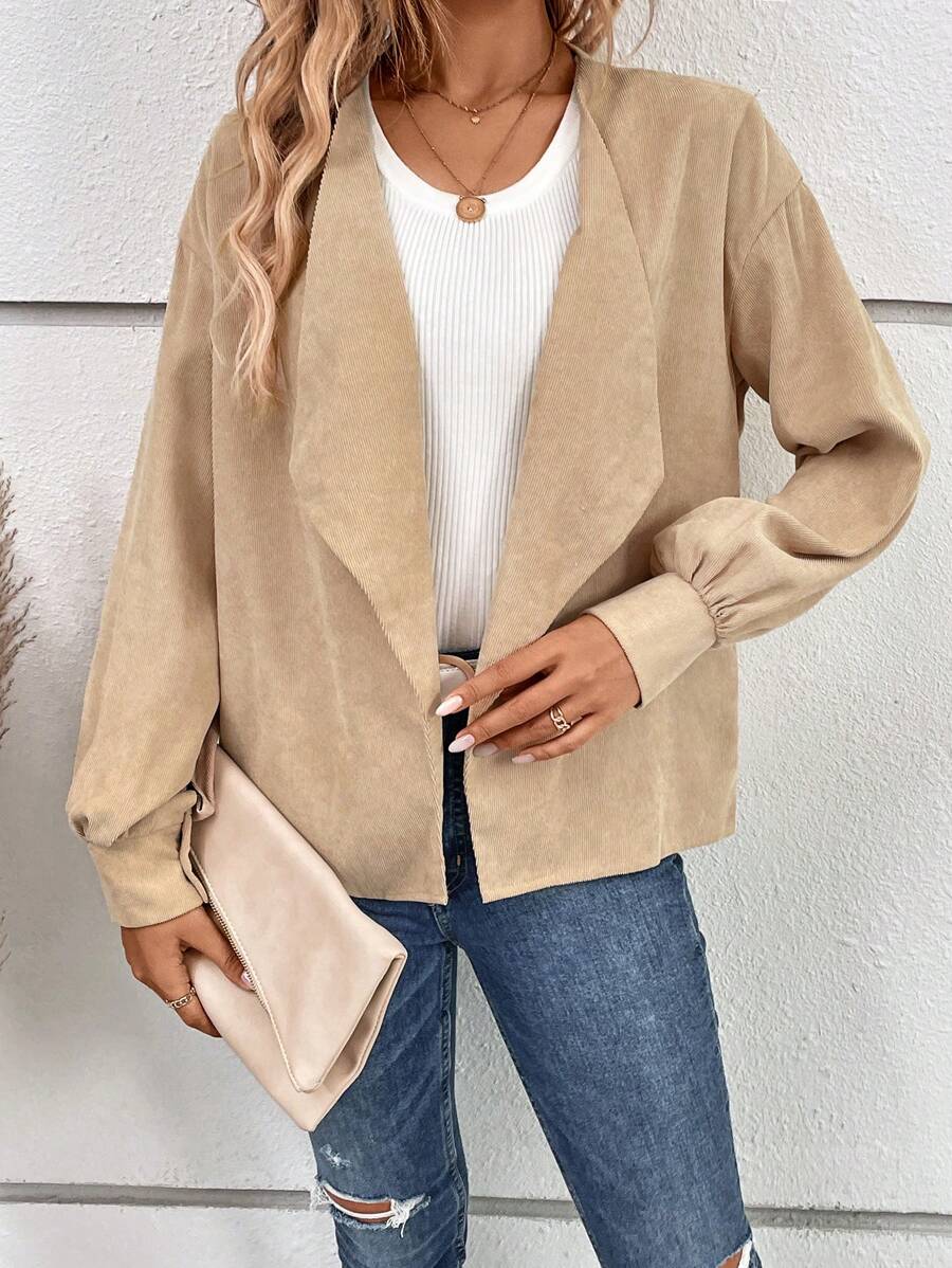 SHEIN VCAY 大翻領開門襟落肩袖外套 - 卡其色 - 查看 1