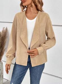 SHEIN VCAY 大翻領開門襟落肩袖外套 - 卡其色 - 查看 5