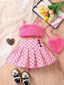 SHEIN 女嬰毛茸邊吊帶上衣&千鳥格印花百褶半身裙&包 - 玫紅色 - 查看 1