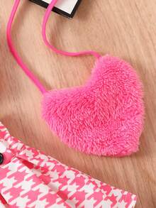 SHEIN 女嬰毛茸邊吊帶上衣&千鳥格印花百褶半身裙&包 - 玫紅色 - 查看 4