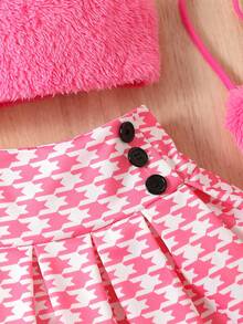 SHEIN 女嬰毛茸邊吊帶上衣&千鳥格印花百褶半身裙&包 - 玫紅色 - 查看 5