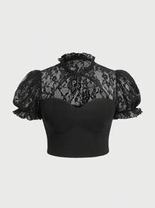 SHEIN MOD 对比色蕾丝镂空系带短款上衣 - 黑色 - 查看 1