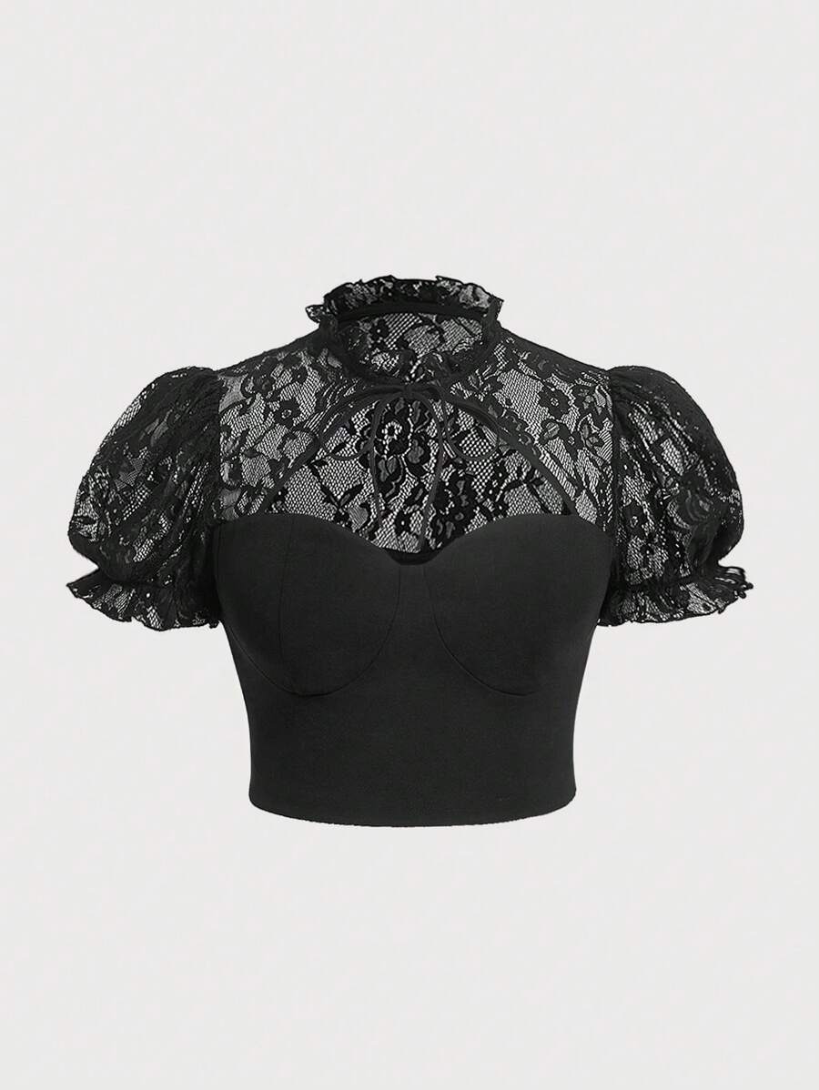 SHEIN MOD 对比色蕾丝镂空系带短款上衣 - 黑色 - 查看 1