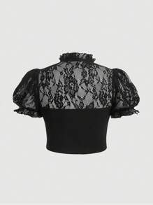 SHEIN MOD 对比色蕾丝镂空系带短款上衣 - 黑色 - 查看 2