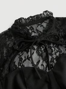 SHEIN MOD 对比色蕾丝镂空系带短款上衣 - 黑色 - 查看 3